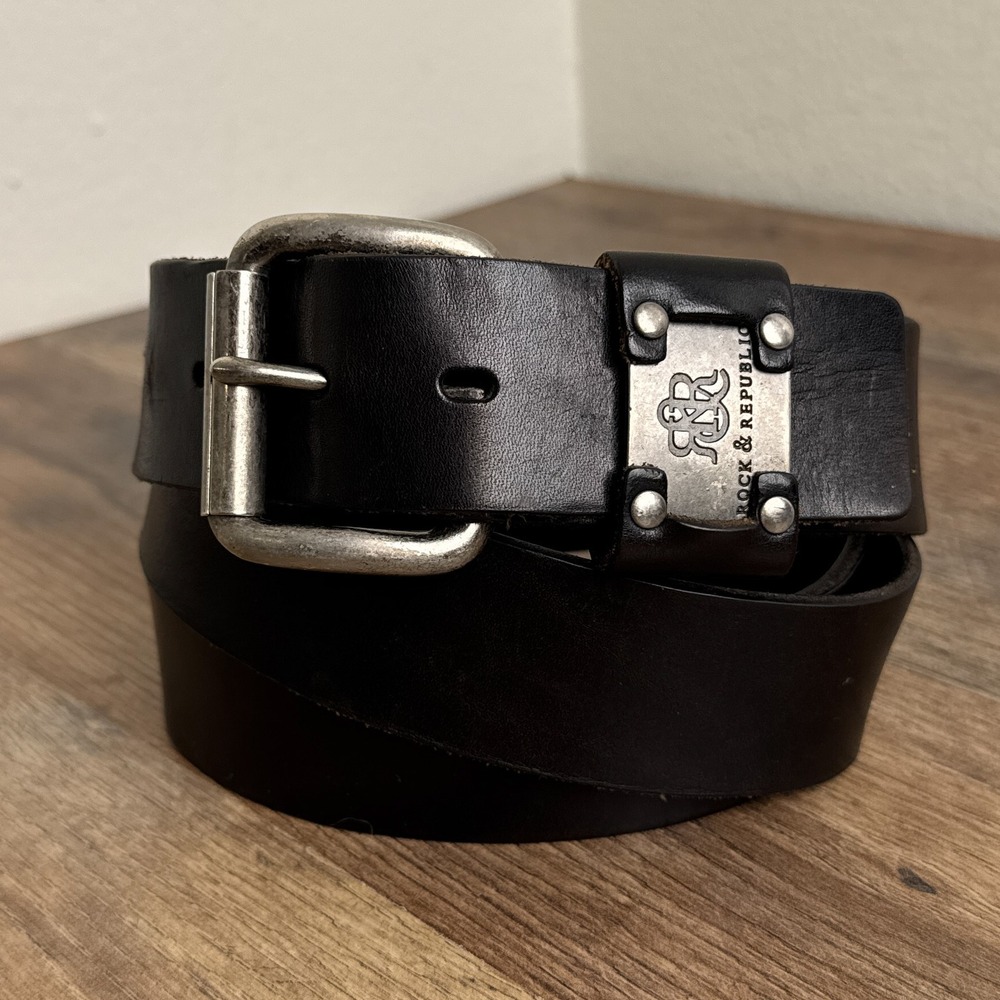 Rock & Republic Leather Belt Logo Rivet Buckle‎ Black Mens 44 Handcrafted